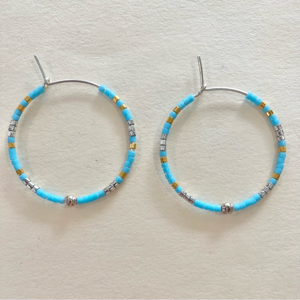 Beaded Floating Hoop Earrings- Silver